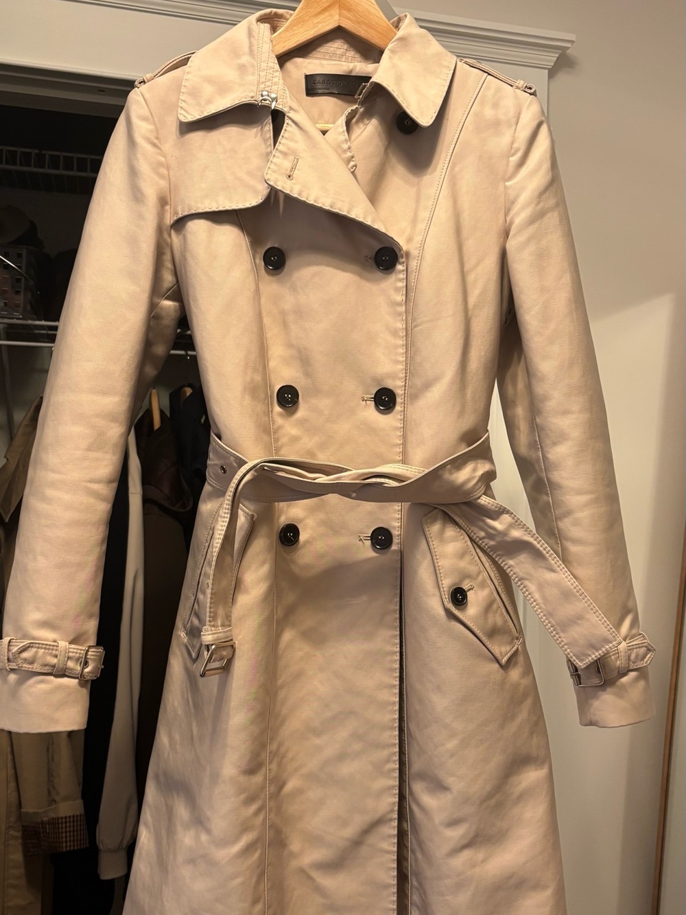 Zara Beige Double-Breasted Trench Coat with Waist Belt
